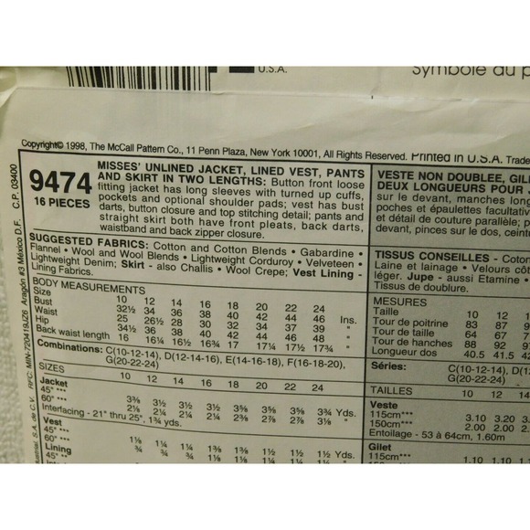 Jacket Vest Pants Skirt McCALLS 9474 Career Work Sewing Pattern Size 12-16 - Picture 3 of 6